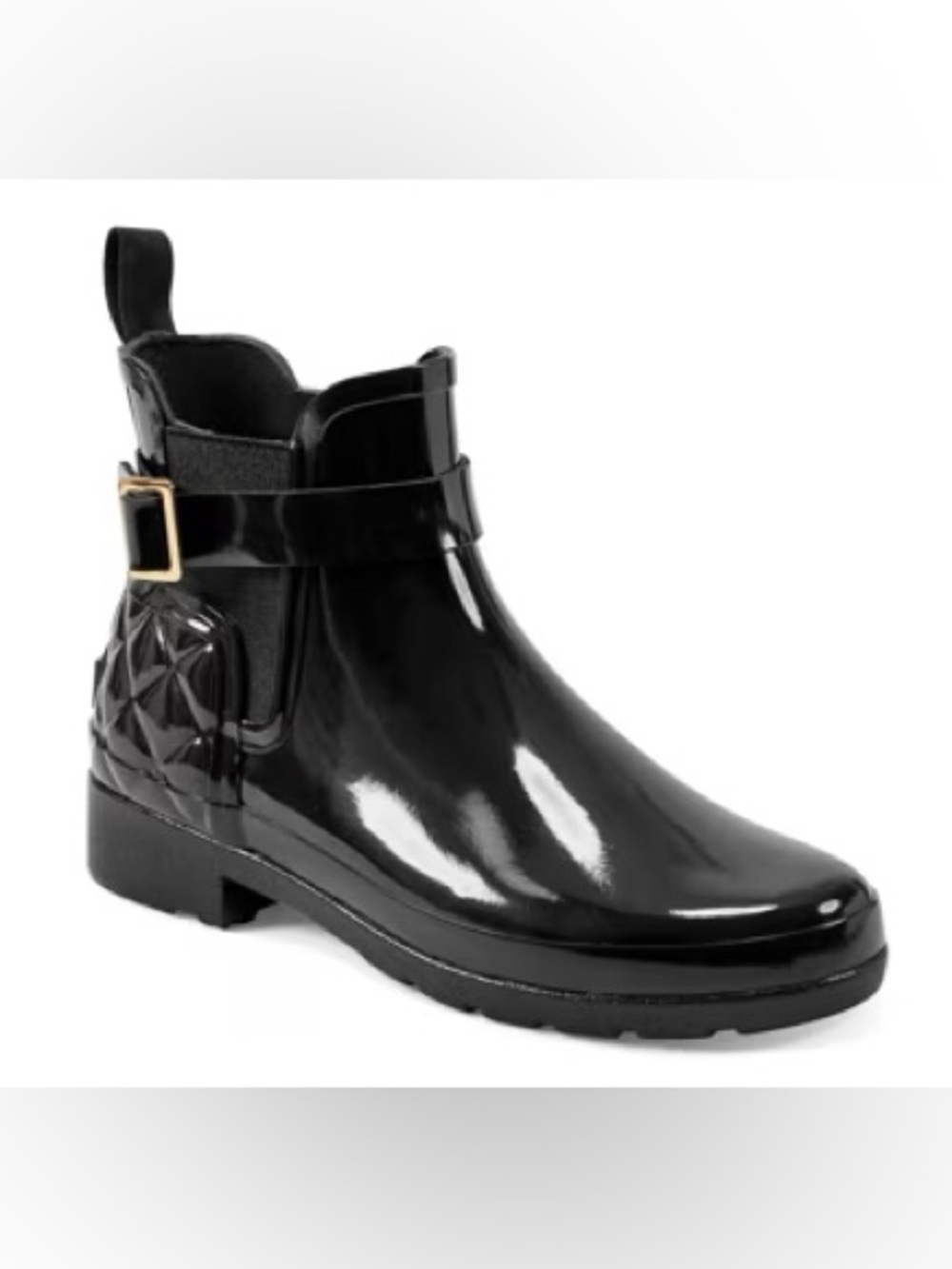 Hunter Black Gloss Quilted Ankle Rain Boot with Buckle